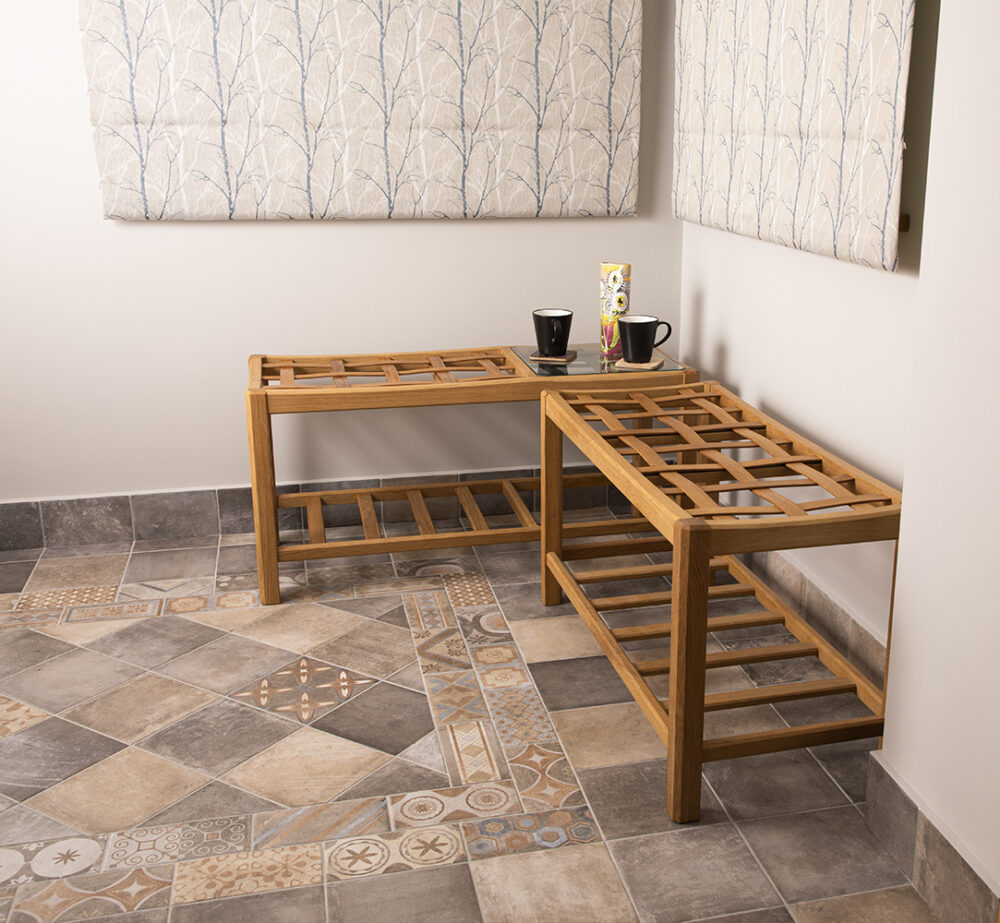 Colin Norgate Lattice Stool in Oak, Brown Oak and Bog Oak